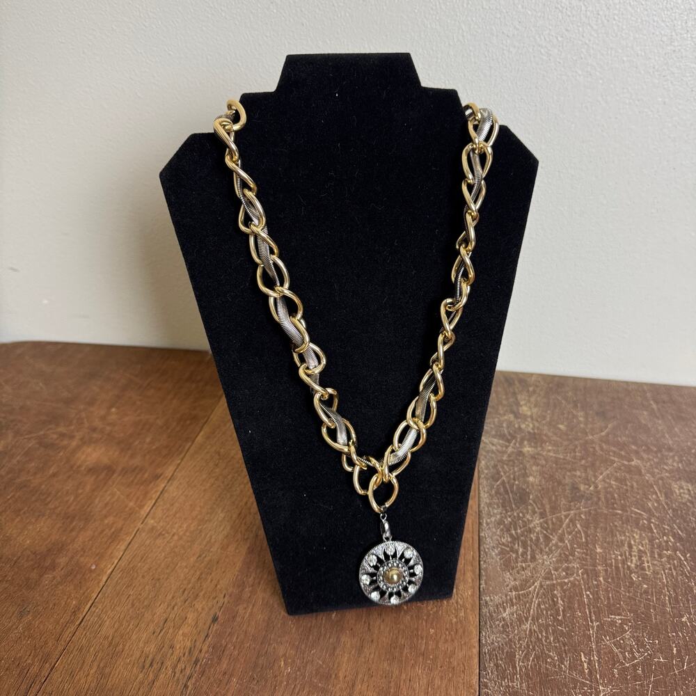 Artisan Made Two Tone Chunky Double Chain Rhinestone Medallion Necklace